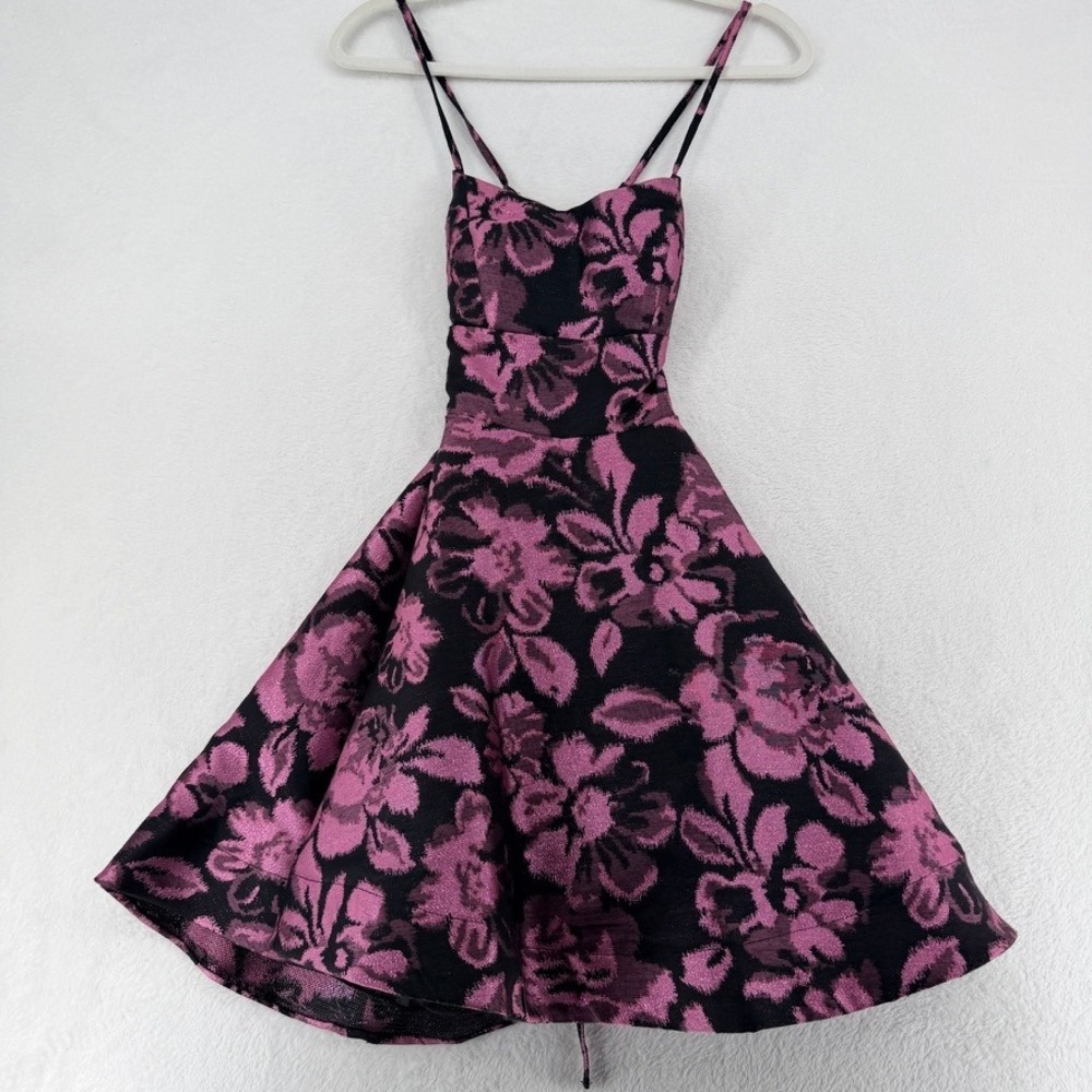 B Darlin Pink Black Floral Fit Flare Dress Lace Up Back NWT 1/2